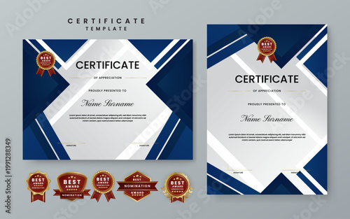 Set of horizontal and vertical blue geometric certificate templates with various gold nomination badges