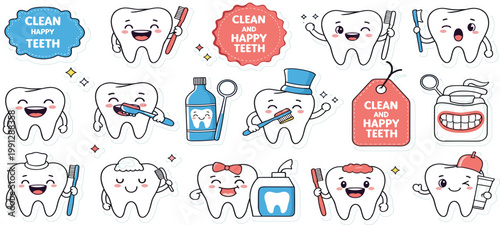 Cute Tooth Character Sticker Set with Brushing Dental Care and Happy Teeth Cartoon Collection
