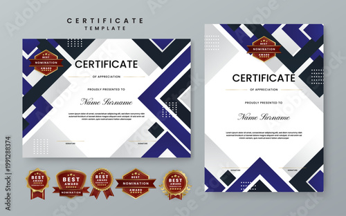 Collection of vertical and horizontal certificates with purple abstract patterns and gold nomination icons