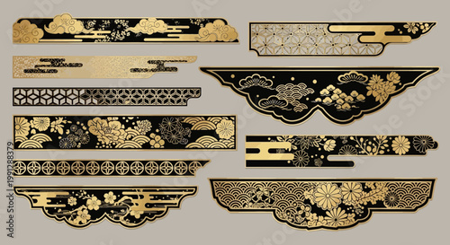 Elegant Japanese Borders and Dividers with Gold Floral and Cloud Motifs on Black