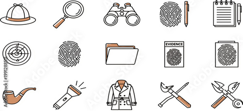 Detective Investigation Icon Set with Magnifier Fingerprints Binoculars Evidence Tools and Classic Mystery Symbols Collection