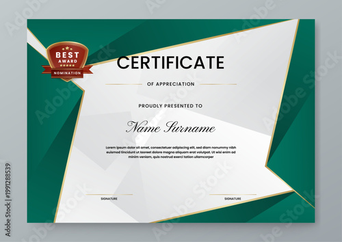 Elegant landscape certificate with dark green geometric abstract pattern and gold nomination badge for business achievement