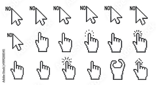 Pixel Cursor Icons Collection: Arrow, Hand Pointer, Forbidden Sign, Click Icons