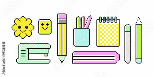 Colorful pixel art depicting various school and office supplies