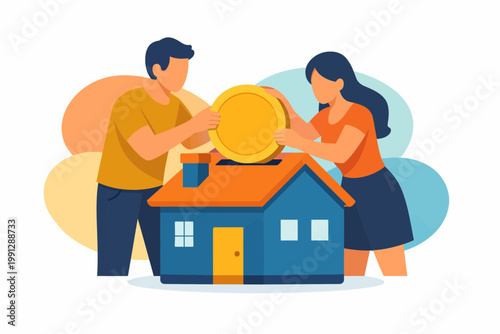 Couple Saving Money in House Shaped Piggy Bank for New Home