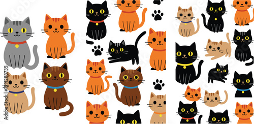Cute cat cartoon set with different breeds and poses black orange gray kittens vector illustration