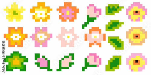 Colorful pixel art flowers arranged in a grid pattern on white