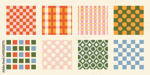 A collection of eight colorful checkered and patterned textile swatches
