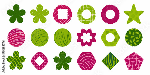 Colorful collection of abstract patterned shapes in pink and green hues
