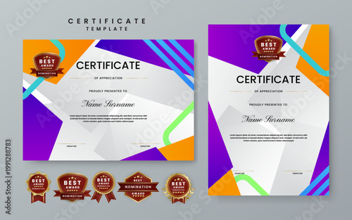 Unique appreciation certificate featuring bold purple orange and blue geometric shapes with professional gold nomination badges for achievement