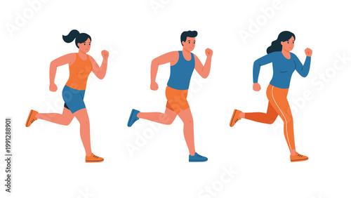 Diverse active people running and jogging. Fitness and healthy lifestyle concept with men and women exercising.