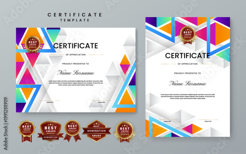 Premium certificate bundle featuring modern white and colorful 3D geometric triangles and elegant gold nomination seals