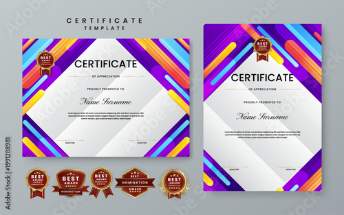 Professional appreciation award template featuring colorful rounded lines and premium gold nomination seals for business or education recognition