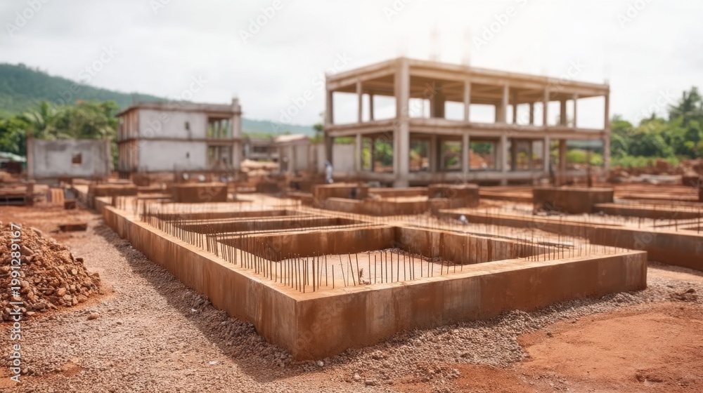 Obraz premium New Construction Site with Foundation Framework and Nature Backdrop in Outdoor Scene
