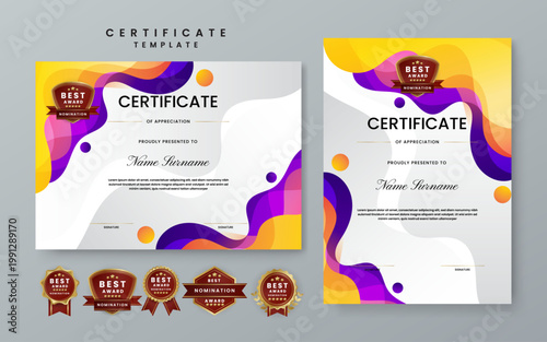 Premium certificate collection featuring modern purple and yellow fluid liquid shapes and elegant gold nomination badges