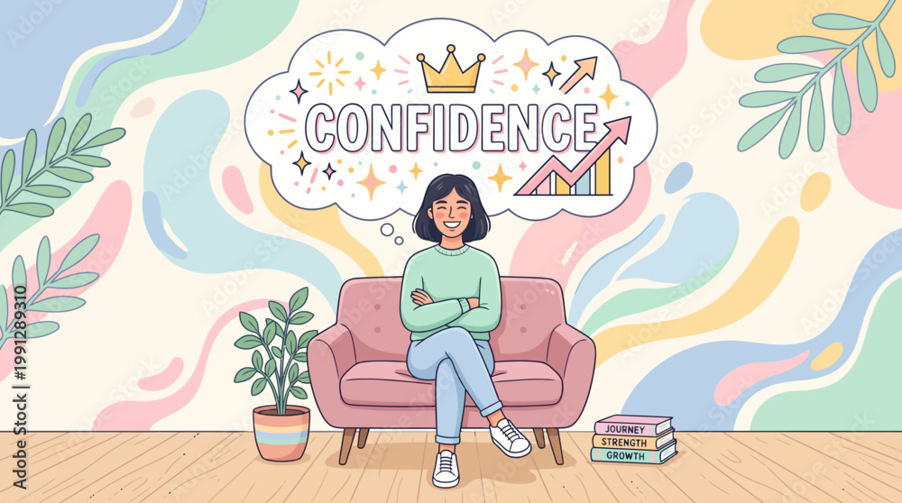 Fototapeta premium Young woman sitting on sofa expressing confidence and calm in pastel interior.