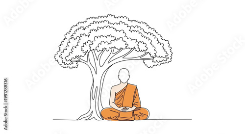 Buddhist monk meditating in orange robes.