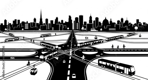 Modern City Transportation Hub with Futuristic Skyline.