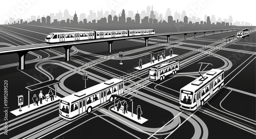 Modern City Transportation System with Trains and Trams.