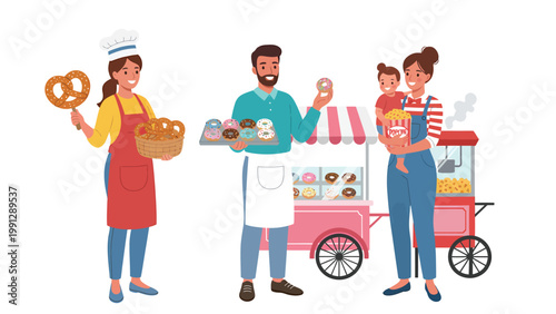 Vibrant Street Food Market Scene with Vendors Selling Bakery, Donuts, and Popcorn to a Happy Family. Flat Illustration.