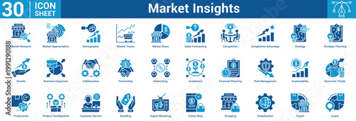 Market Insights editable icon set vector illustration concept for business with icon of Market Research, Market Segmentation, Demographic, Market Trends, Market Share, Sales Forecasting, Competition.