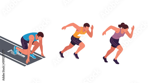 Dynamic running progress: male runner at starting block, male and female sprinters in action. Flat design illustration.
