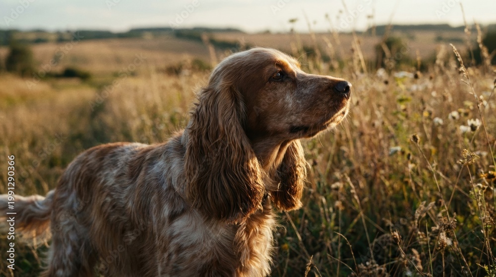 Obraz premium Golden roan spaniel poised in a wild meadow at sunset, thoughtful side profile portrait with wind touched ears, dry grasses, horizon and luminous countryside atmosphere for cocker dogs pictures