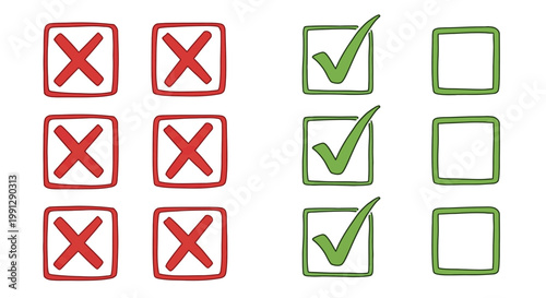 Checklist with Green Checkmarks and Red Crosses, Survey, Decision Making, Success vs Failure