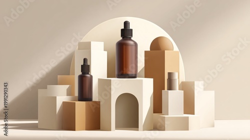 Cosmetic product bottles displayed on geometric platforms studio setup