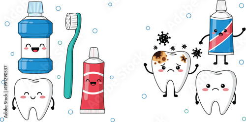 Cute dental care cartoon set with teeth toothpaste mouthwash toothbrush and hygiene characters vector illustration