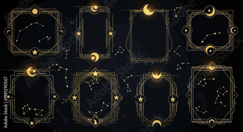 Celestial Frames Collection: Golden Constellations, Moon & Stars on Dark Night Sky