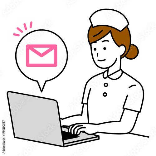 ノートパソコンでメールを受信する女性看護師