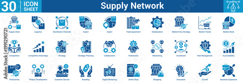 Supply Network editable icon set vector illustration concept for business with icon of Supply Chain, Logistics, Distribution Channels, Import, Export, Trade Agreement, Globalization