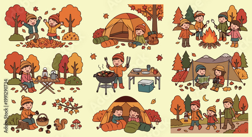 秋のキャンプとバーベキューのアウトドライラストセット