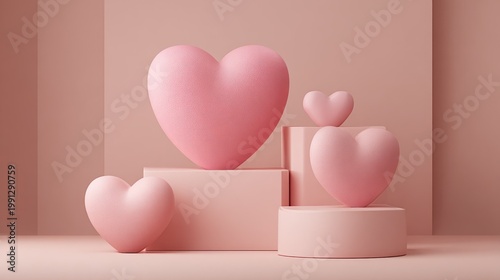 Pink hearts on pedestals romantic composition copy space love concept