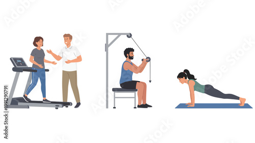 Fitness Workouts & Personal Training Illustration: Treadmill, Cable Machine, Plank Exercise for Health & Active Lifestyle