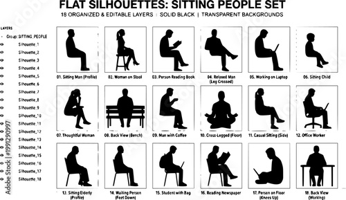 flat silhouettes of sitting people with transparent background, named, organized and editable layers

