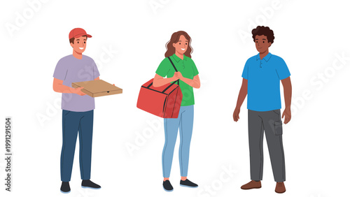 Diverse Delivery Service Workers and Customer Flat Illustration