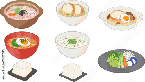 Asian Food Dish Collection with Ramen Tofu Soup Bread and Traditional Meal Vector Set