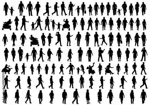 Foto Large Group of People Silhouettes, Diverse Crowd Walking, Standing, and Various
