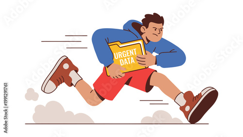 Urgent data delivery: Man running fast with "URGENT DATA" folder, symbolizing speed and critical deadlines