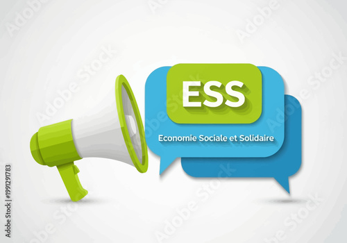 ESS Economie Sociale et Solidaire Concept with Megaphone and Speech Bubbles, Social and Solidarity Economy Promotion for Business and Community Impact