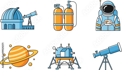 Astronomy and Space Exploration Illustration Set Featuring Telescope, Astronaut Suit, Planet, Observatory, and Space Equipment for Science, Education, and Cosmic Research Design