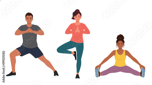 Diverse people exercising and doing yoga. Men and women in fitness poses: lunge, tree pose, and straddle stretch. Healthy lifestyle illustration.