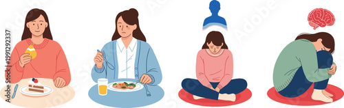 Mental health awareness vector set with eating habits sadness anxiety depression and emotional wellbeing illustration collection