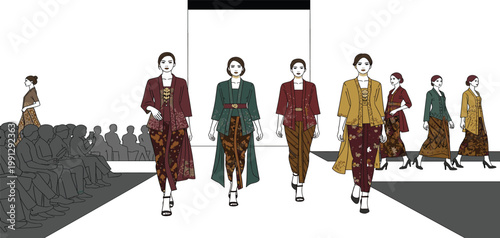 Fashion Runway Illustration with Women Models Wearing Modern Batik Outfits on Catwalk Show Design Collection