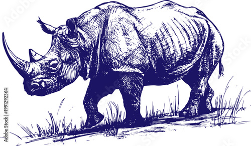 Hand Drawn Rhinoceros Sketch Vector Illustration in Black Ink Style, Detailed Wildlife Animal Drawing, Minimalist Rhino Line Art