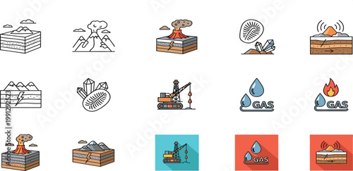 Geology and Natural Resource Icon Set with Volcano Gas Mining Earthquake and Terrain Symbols Collection