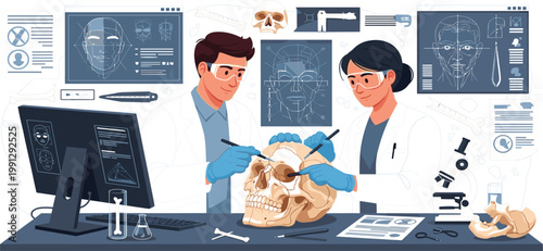 Forensic Anthropology Concept with Scientists Examining Human Skull Laboratory Research and Crime Investigation Illustration Design