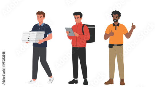 Diverse Male Delivery Service Workers Illustration Set: Couriers with Pizza Boxes, Tablet, and Backpack